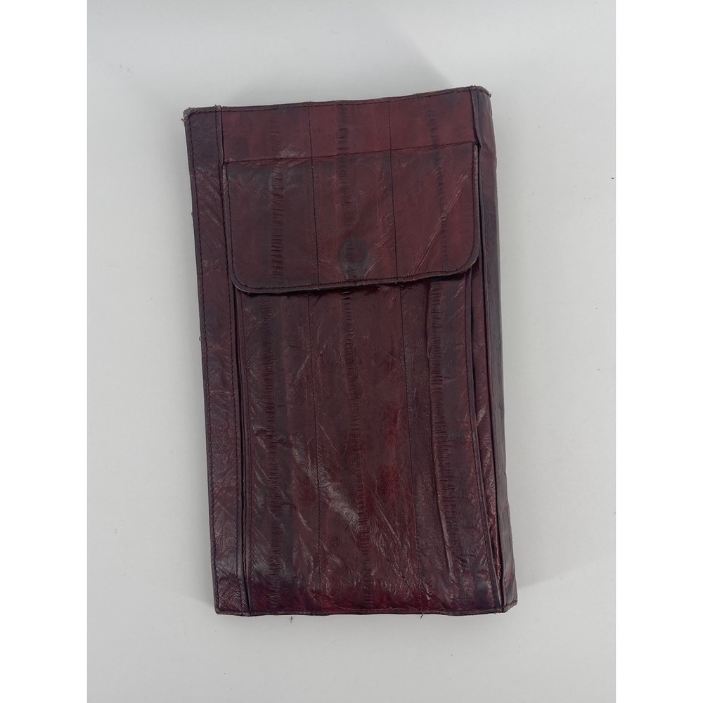 Vintage Burgundy Eel Skin Leather Checkbook Wallet Clutch Organizer Snap Closure